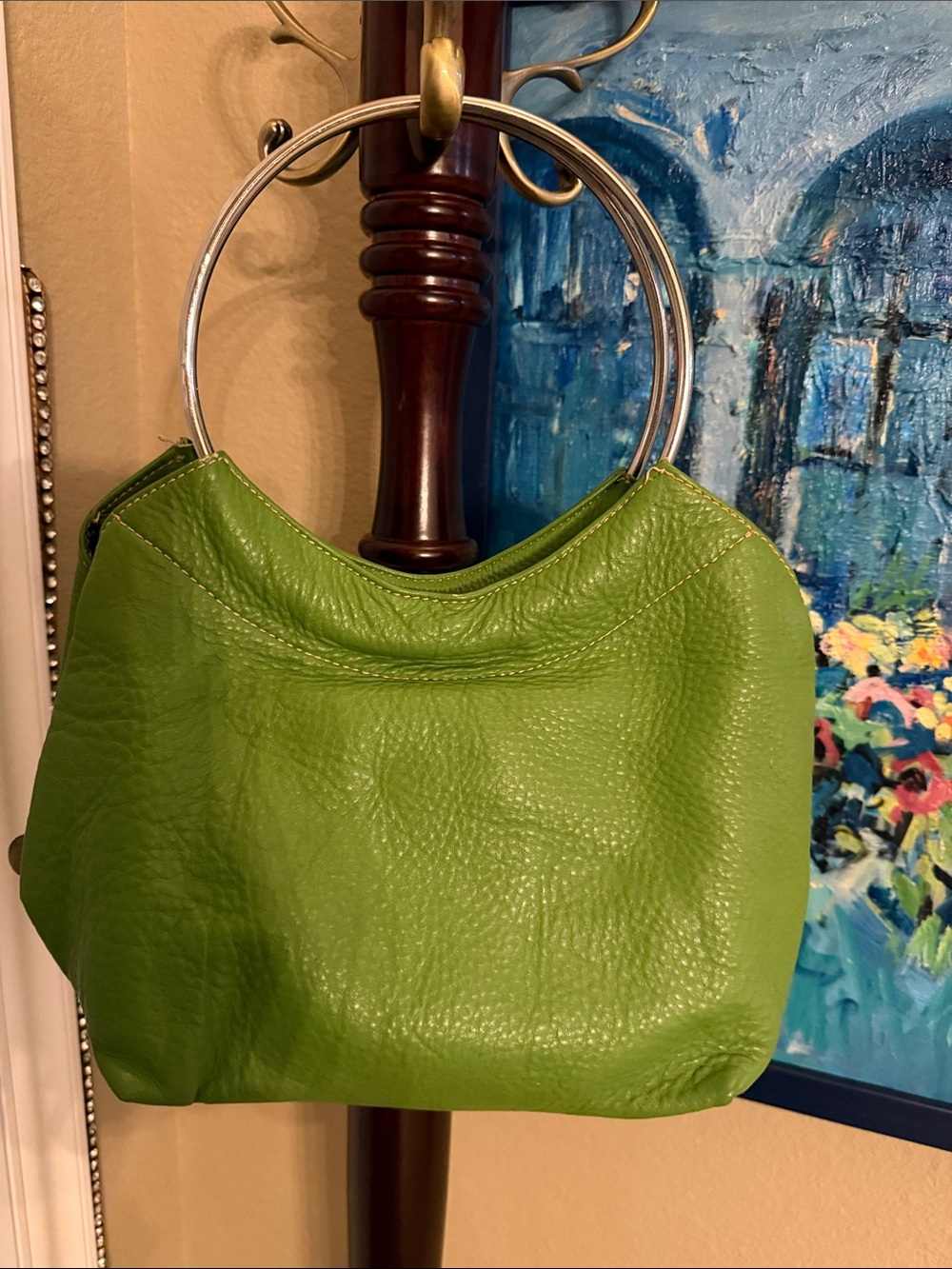 Green Leather Shoulder Bag with Metal Ring Handles